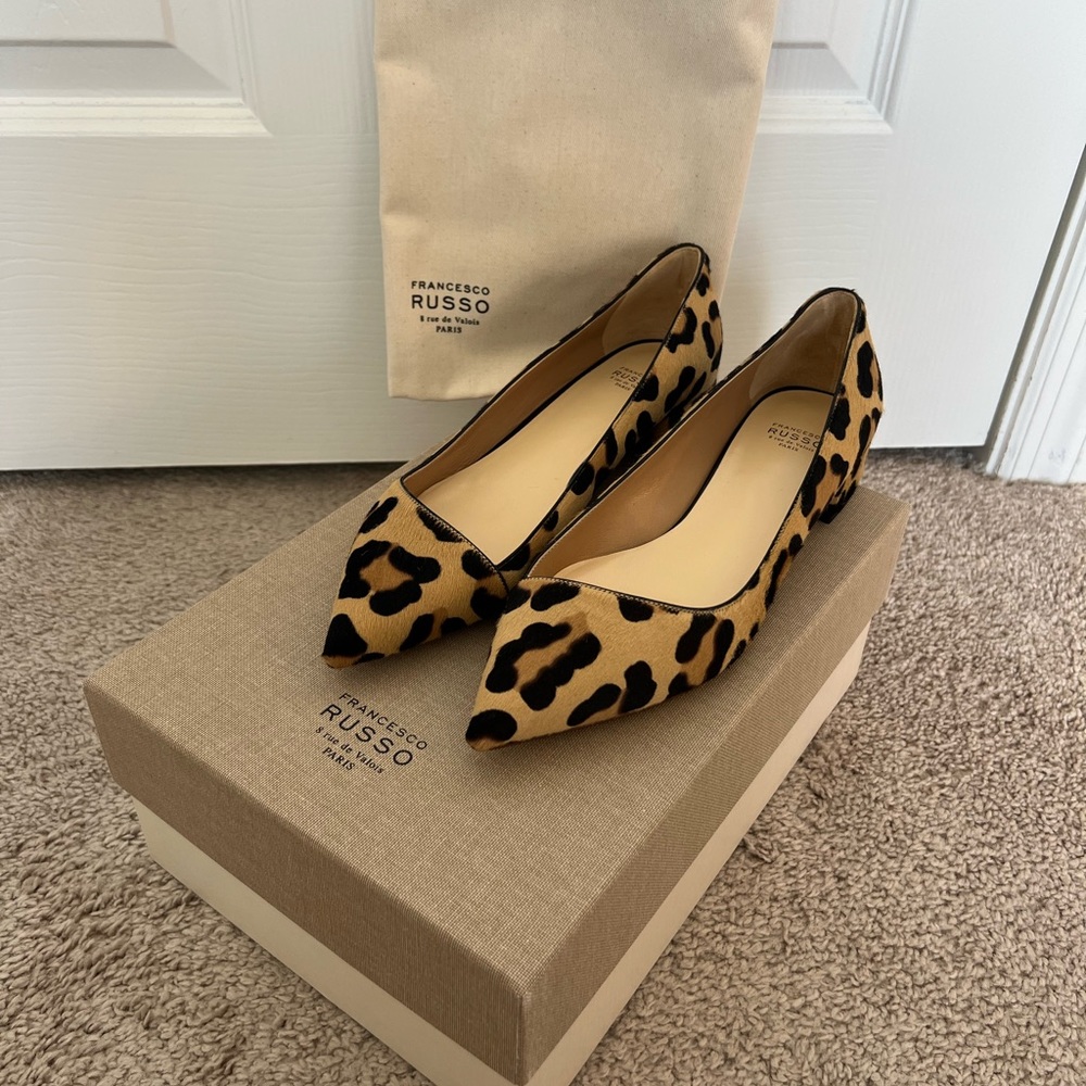 Francesco Russo haircalf Leopard pointy ballet flats